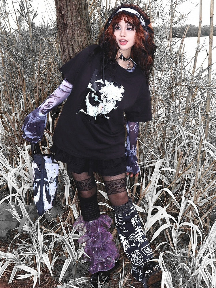 Print T-shirt Black Short Gyaru Cartoon Fashion Sleeves