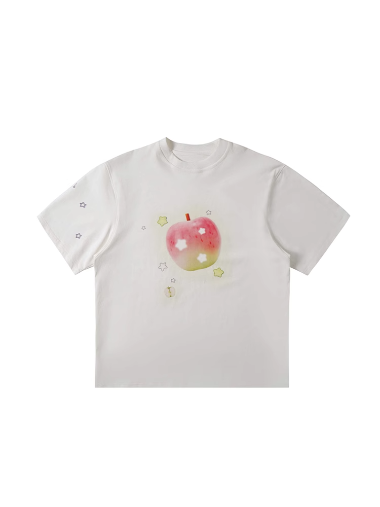T-Shirt White Round Neck Adorable Apple Print Summer Loose