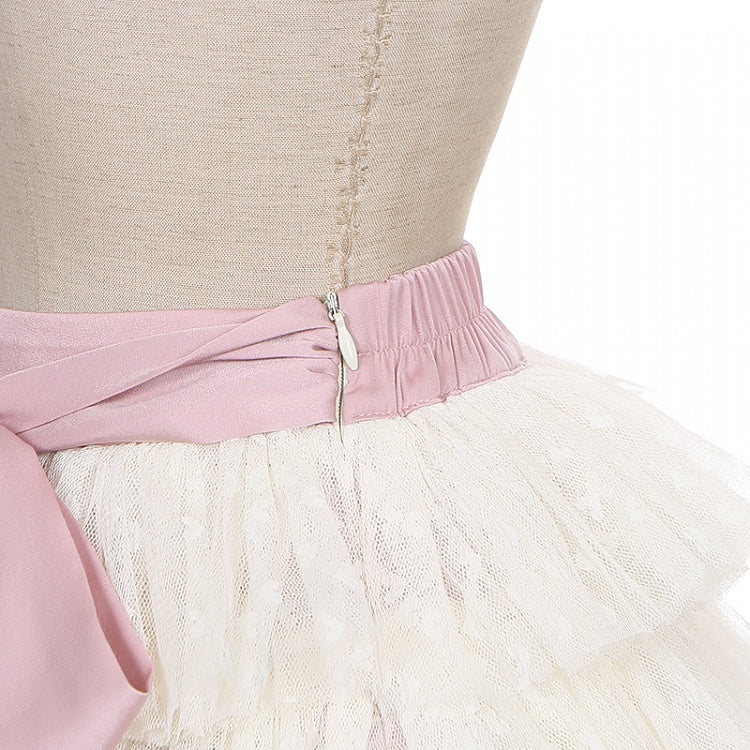 Beige Tulle Balletcore Self-tie Tiered Skirt Bow with