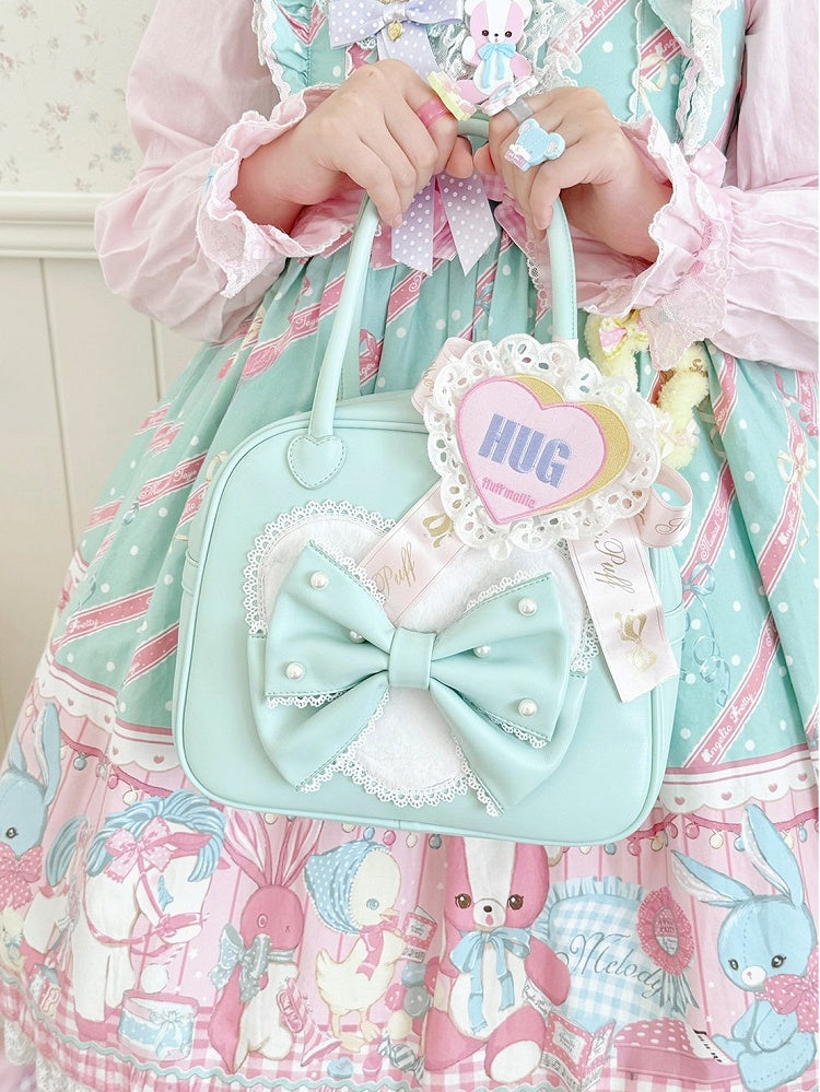 Beaded Sweet Heart Bag Lolita Green Decorated Hand Bowknot Plush