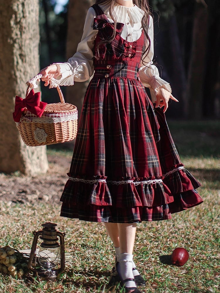 Bow Overall Plaid Dress High Red Waist Tie with