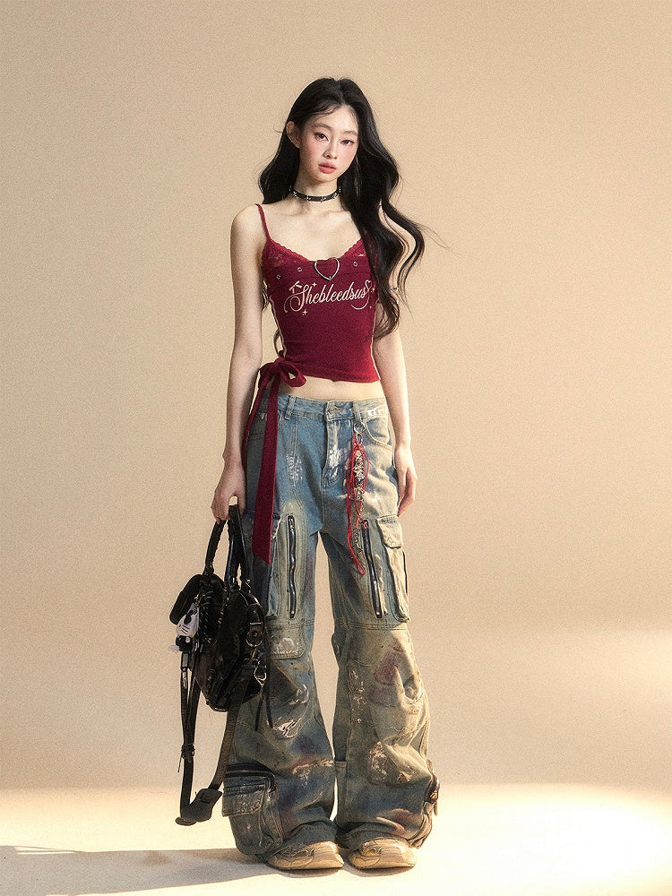 Side Cami Wine Red V-Neck Glamorous Cropped Top with Big Bow at