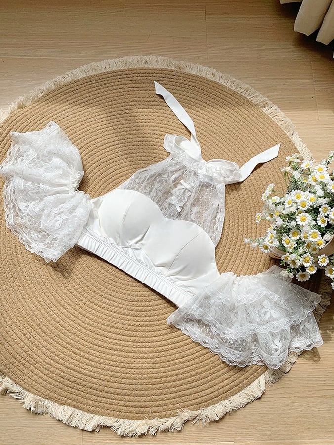 Halter White Flutter Sleeves Top Detachable Neck with Lace Cropped