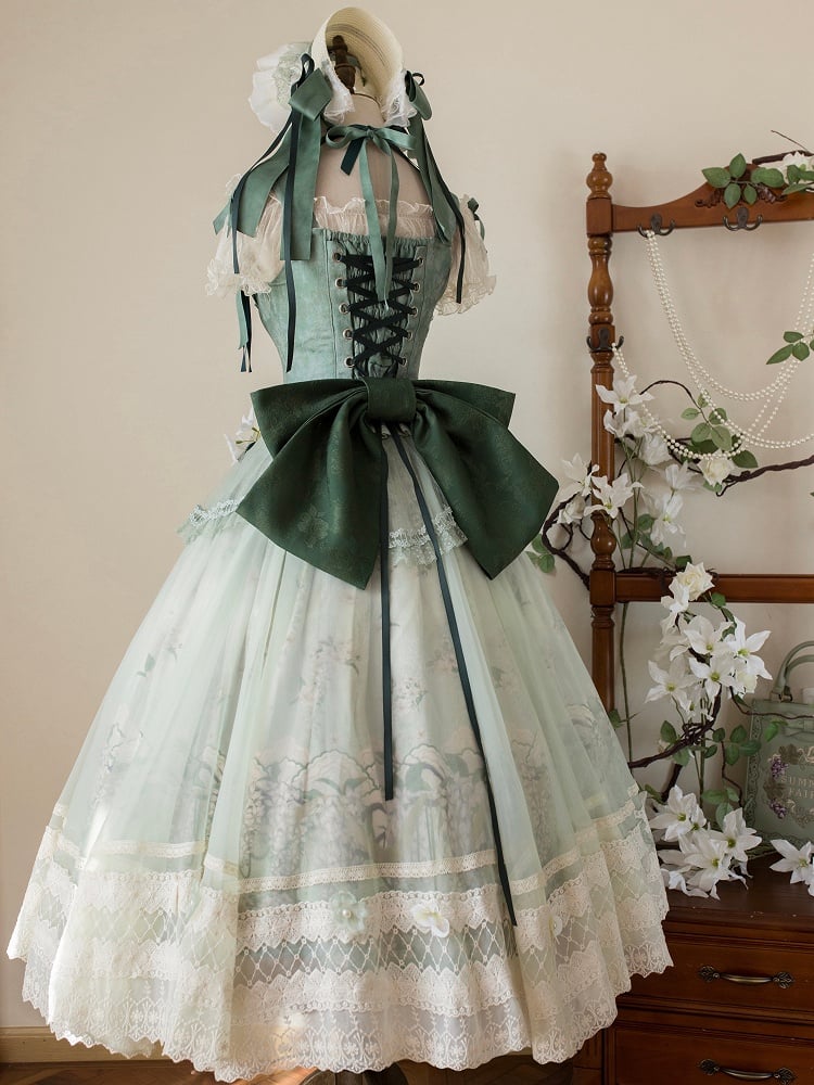 Decoration Set Jasmine Print Top Green Skirt Lolita Corset Classic Long Floral +