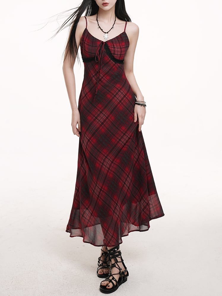 Self-tie Strap Neckline Cami Dress Red Black Plaid V-neck