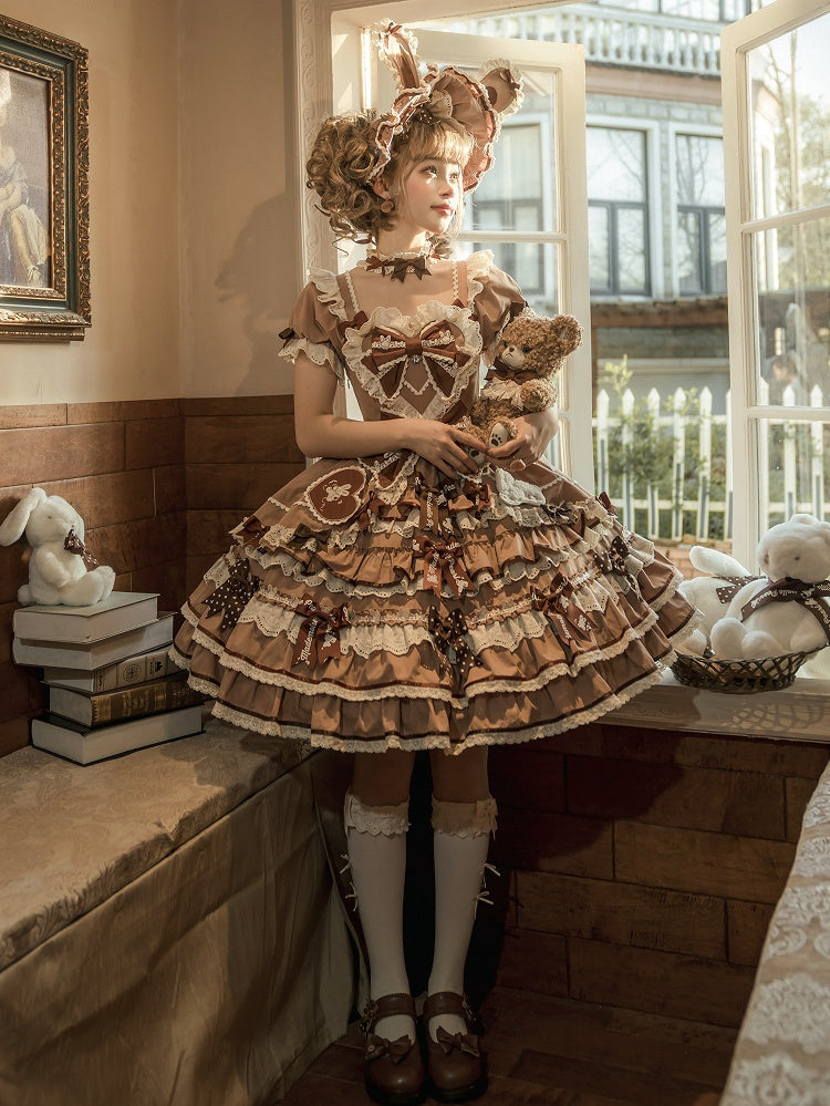One Bow Ruffle Lolita Sweet Bunny Theme Dress Brown Accents Piece Princess