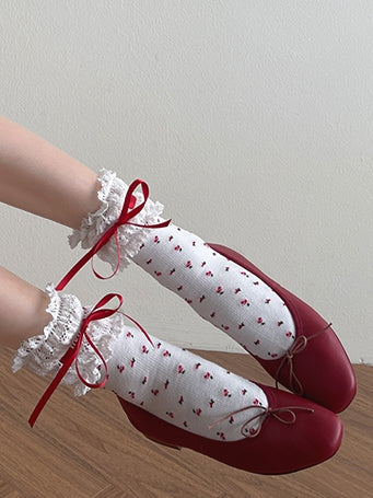 Socken Lolita WeißRoter Besatz Print Spitze Blumen