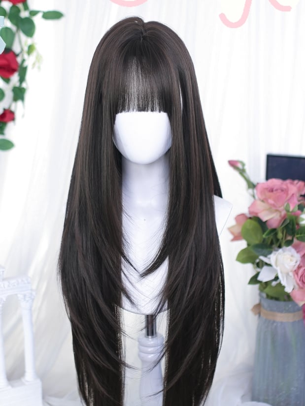 With Straight 75-80cm Long Wigs Brown Black/Dark Air Bangs