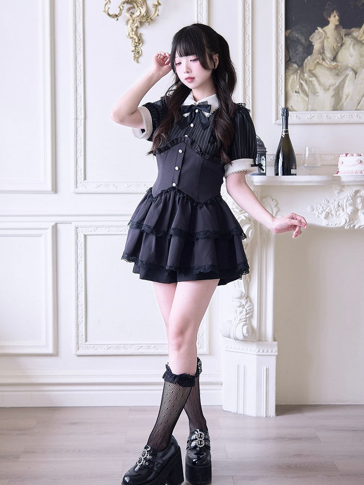 Shorts Faux Two-pieces and Dress Layered Kei Skirt Lace Black Jirai Striped Set- Trim