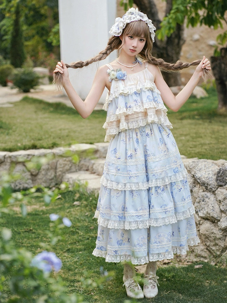 Print Top Cami Blue Floral Beige Tiered and