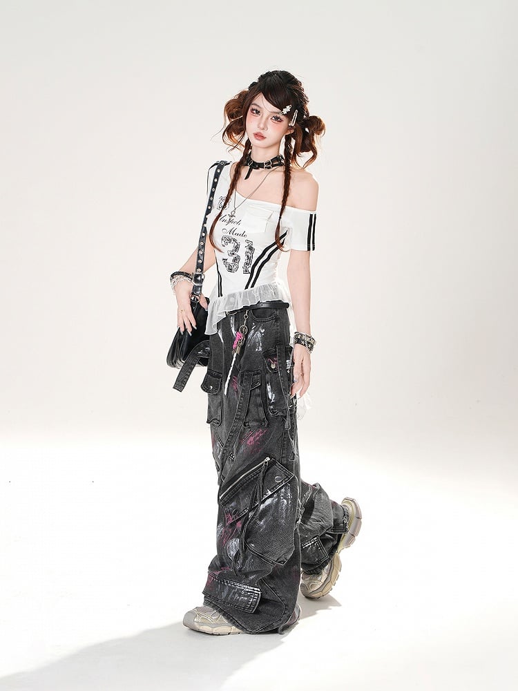 Distressed Black Wide-leg Jeans Rise Zipper Details Low Spray Paint Print