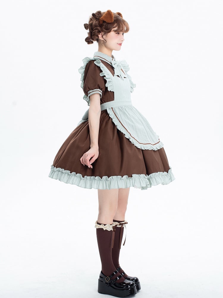 Dress Puff Short Lolita Sleeves Brown Kitty Mint Green + Maid and Apron
