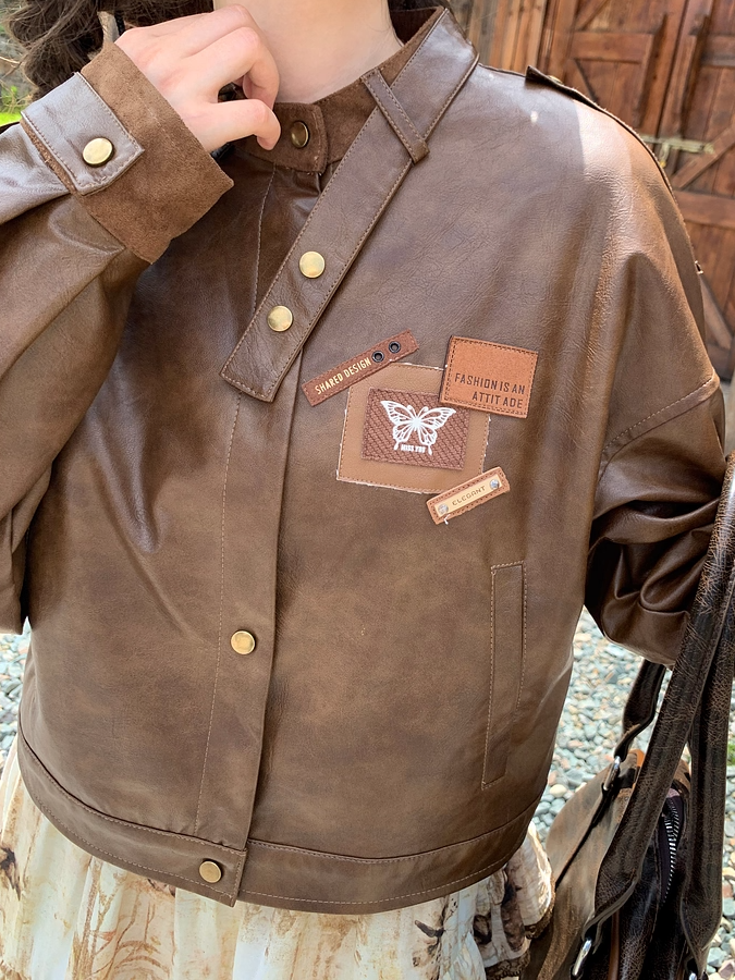 Brown Badge Autumn for Appliques Vintage PU Jacket