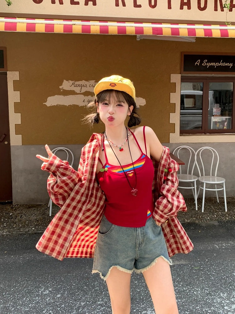 Plaid Shirt Set Red Faux Two-Pieces Cami Top with Red