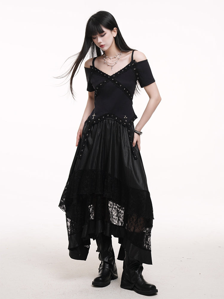 Saum Spitzenpatches Rock Schwarz Elastische Taille Asymmetrisch