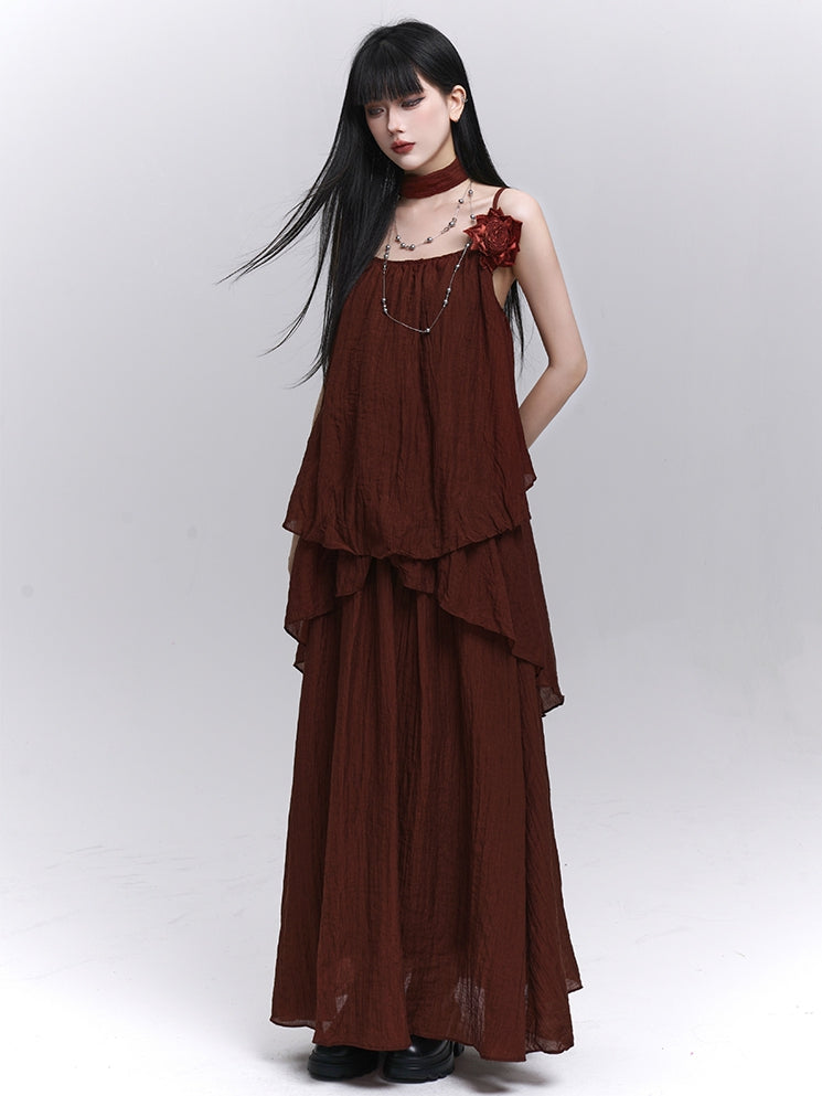 with Scarf Embellished Wine Red Floral / Cami Top