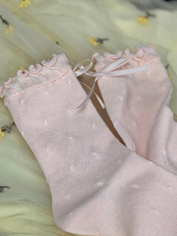 Pattern Polka-dot Bowknot Details Calf Cuffs Socks Ruffled White/Black/Pink/Blue/Yellow