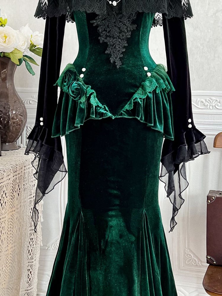 Mermaid Forest Peplum Lace Velvet and Dress with Green Applique Detail Black Dark