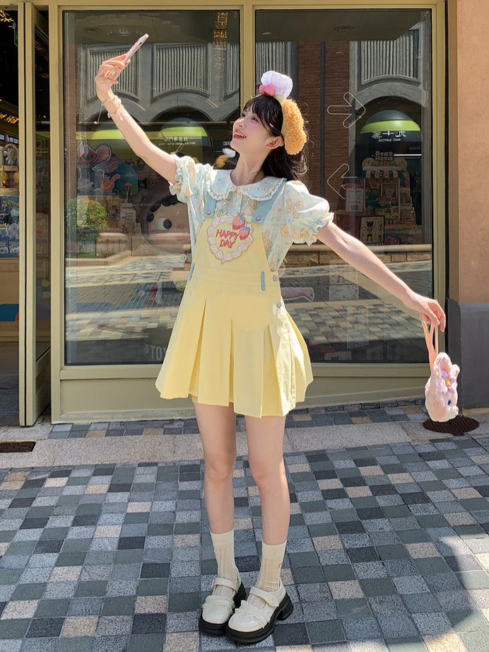 Strawberry Embroidery Yellow Box Pleat Overall Dress Sweet