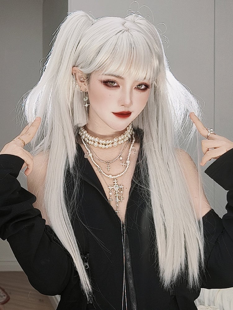 Perruque synthétique longue et lisse coupe Hime blanche