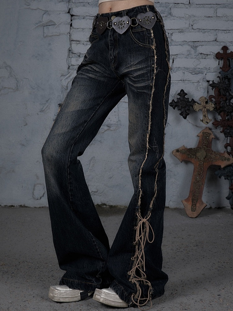Fishtail Punk Lace-up Detail Wasteland Dark Jeans Hem Raw Blue