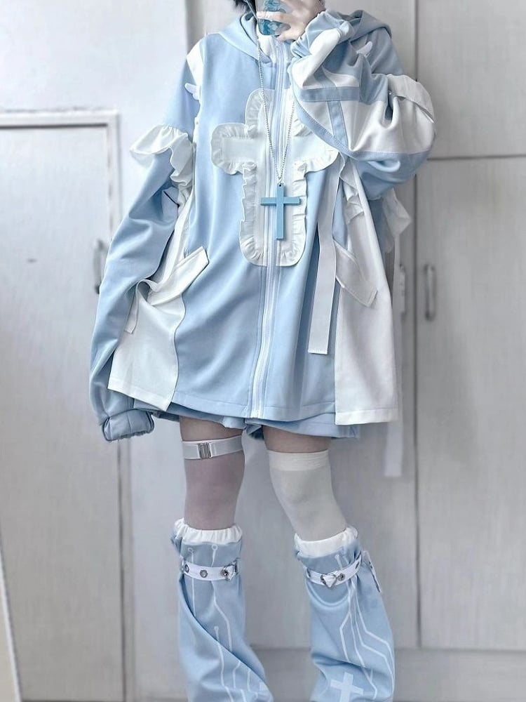 Tenshi Kaiwai Hellblau Yami Kawaii Kreuz Katzenohren Kapuzenpullover Shorts Beinwärmer Set