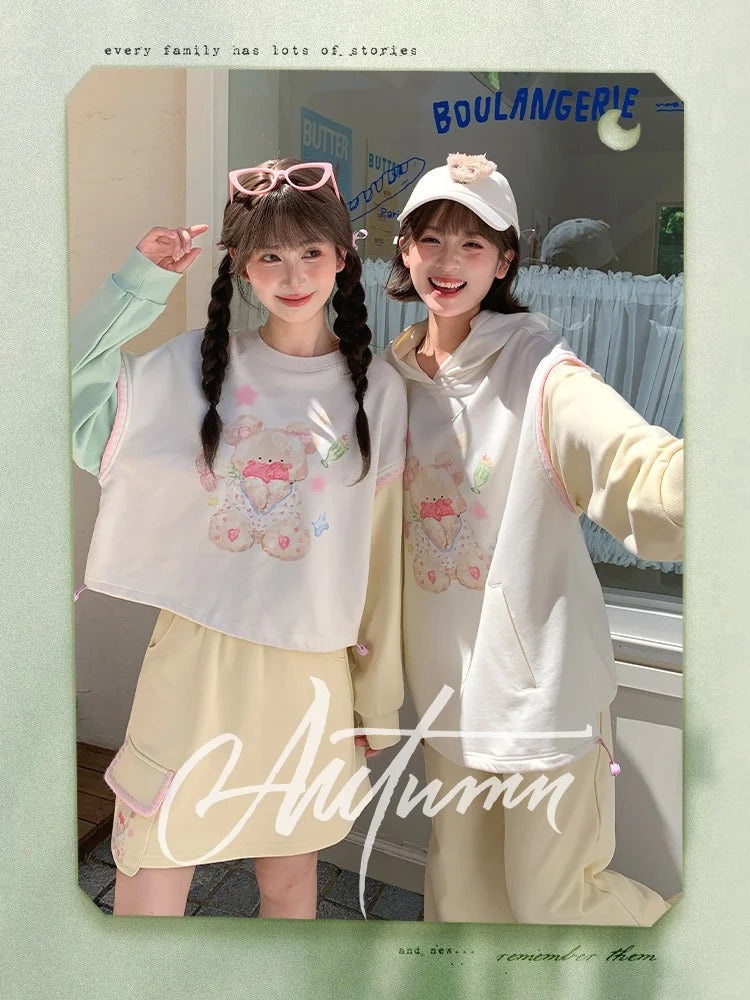Autumn and Hem Green Yellow Colorblock Design Teddy Bear Print Drawstring Hoodie