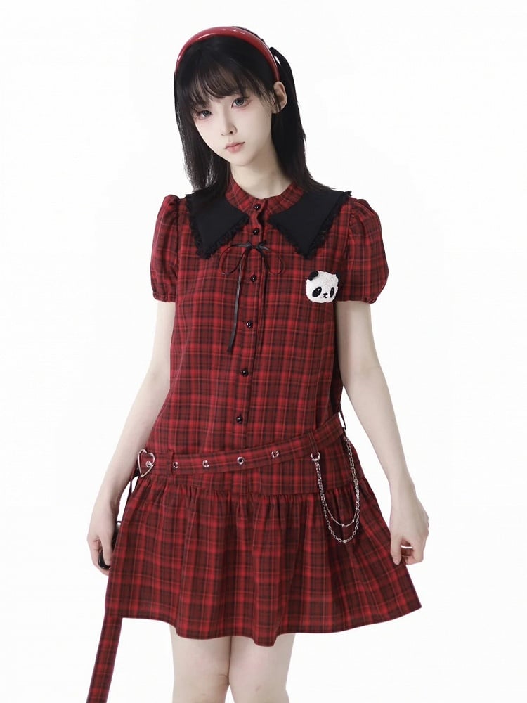 Buckle Plushie and Belt with Panda Red Black Puff Sleeves Plaid Dress