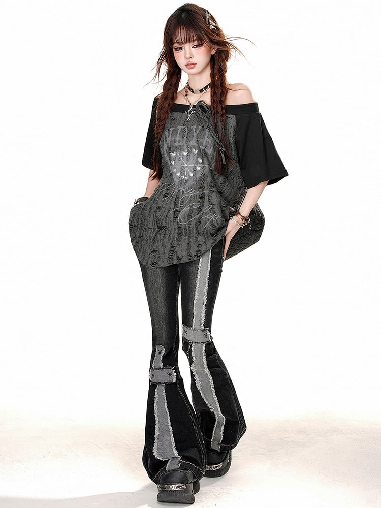 Stripes Raw Jeans Black Edge Flare with Distressed Waist High
