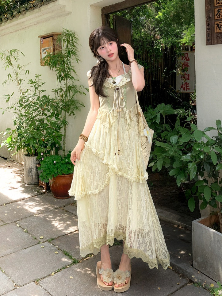 Apricot Elastic Waist Asymmetrical Lace Skirt
