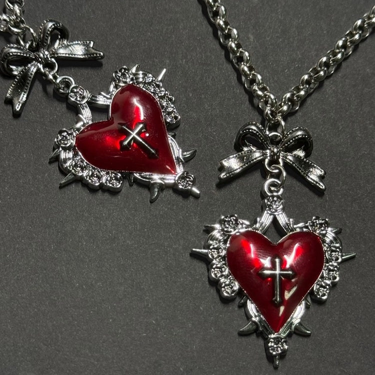 Bow Necklace Y2K Red Cross Burgundy Heart Keychain/Red