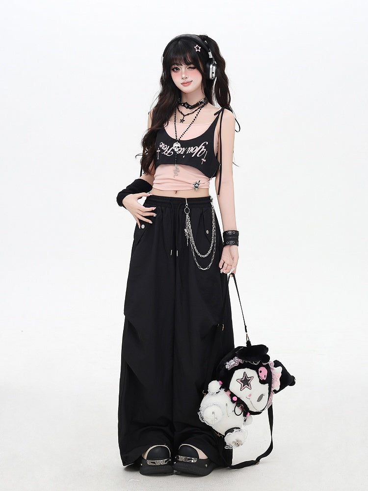 Black Punk Pants Accessory Waist Asymmetrical with Drawstring Waist Wasteland