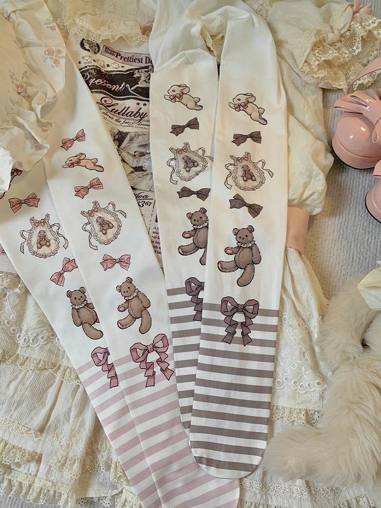 Brown/Pink Bunny and Bear Striped Sweet Lolita Tights