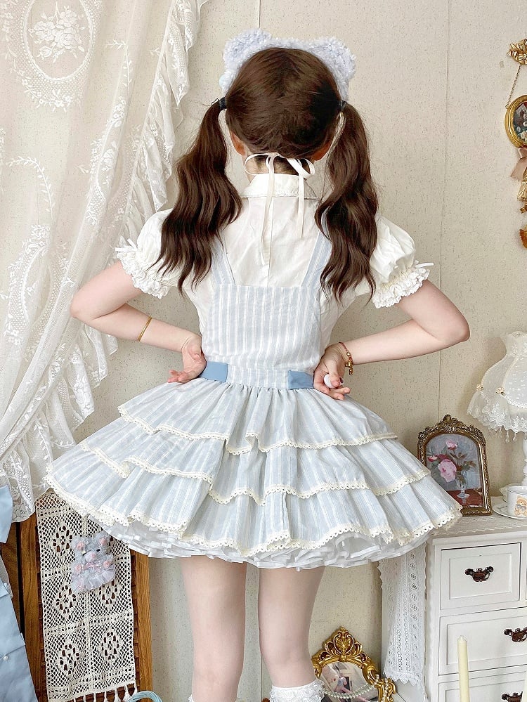 Sweet Ruffle Layered Striped Dress Bow with Accents Overall Blue Lolita