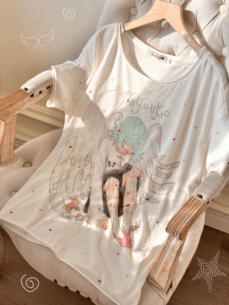 Cartoon Rundhals T-Shirt Engel Print Aprikose