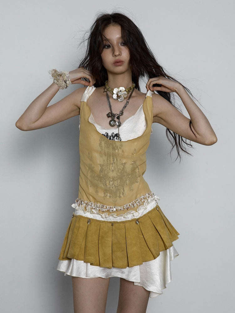 ラインストーンイエローボックスプリーツスカートフェイクドレスセット