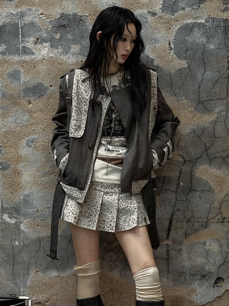 Braune und graue Punk-Streetwear-Leopardenjacke
