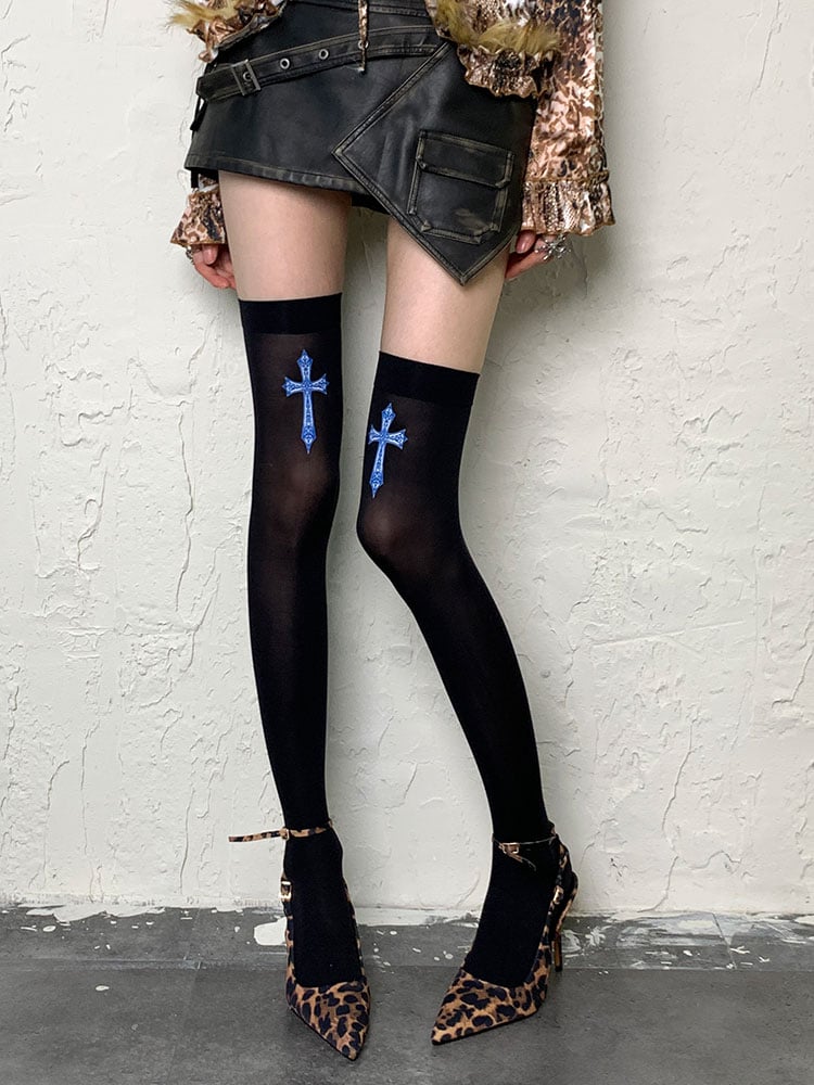 Schwarz/Weiße Y2K Cross Overknee Strümpfe