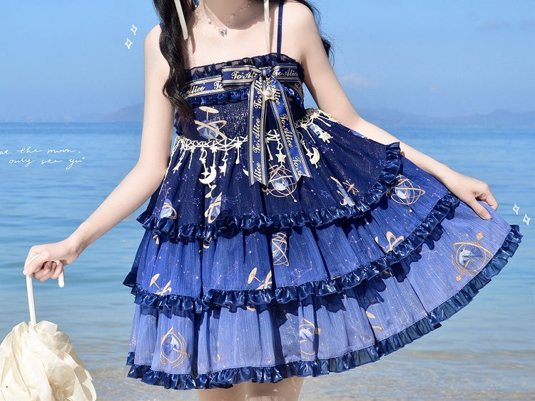 Navy Blue Celestial Globe &Starry Empire Waist Lolita Jumper Skirt