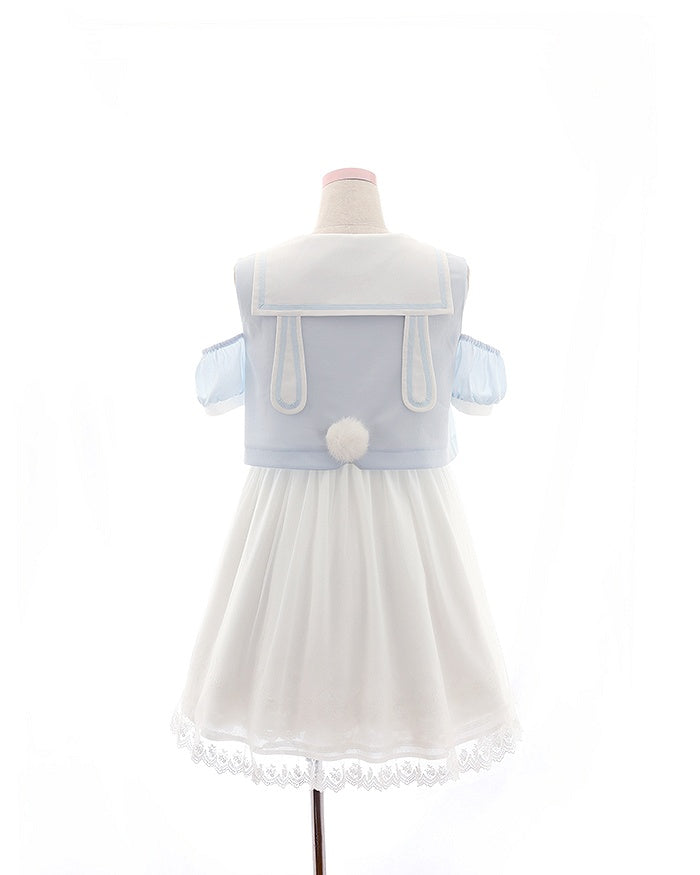 Collar Pink/Blue Bunny Ear and Tail Detail Sailor Chiffon Back