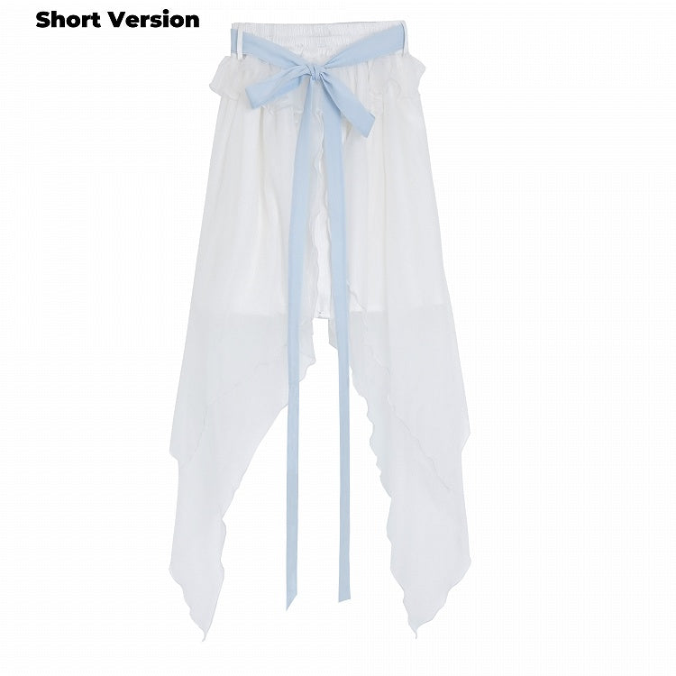 ホワイトのアシンメトリーメッシュヘムスカートバージョン(リボン付き)ショート/ロングセルフタイ