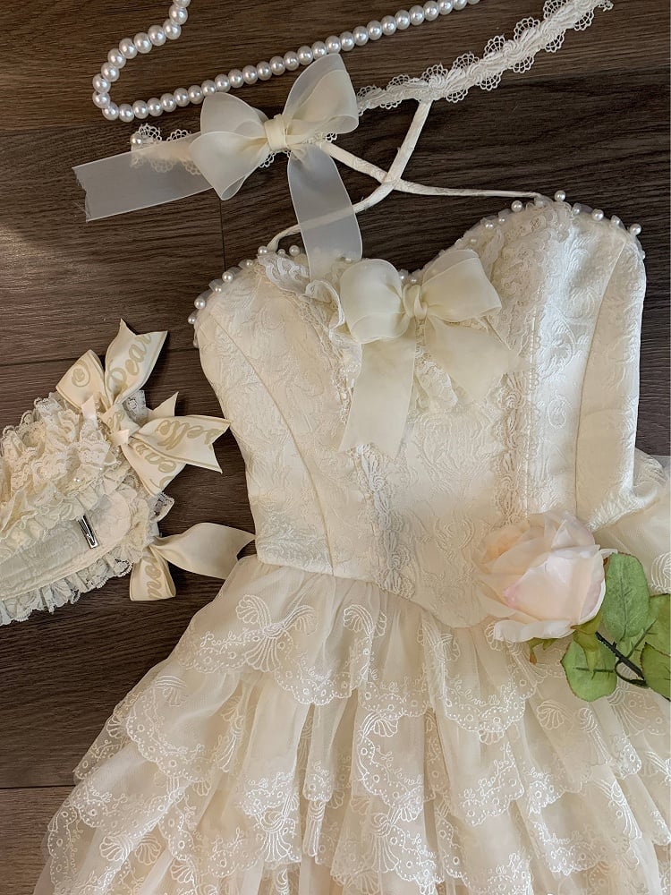 Creamy Scallop Lolita White Skirt Trim Embroidered Princess Dress Tiered