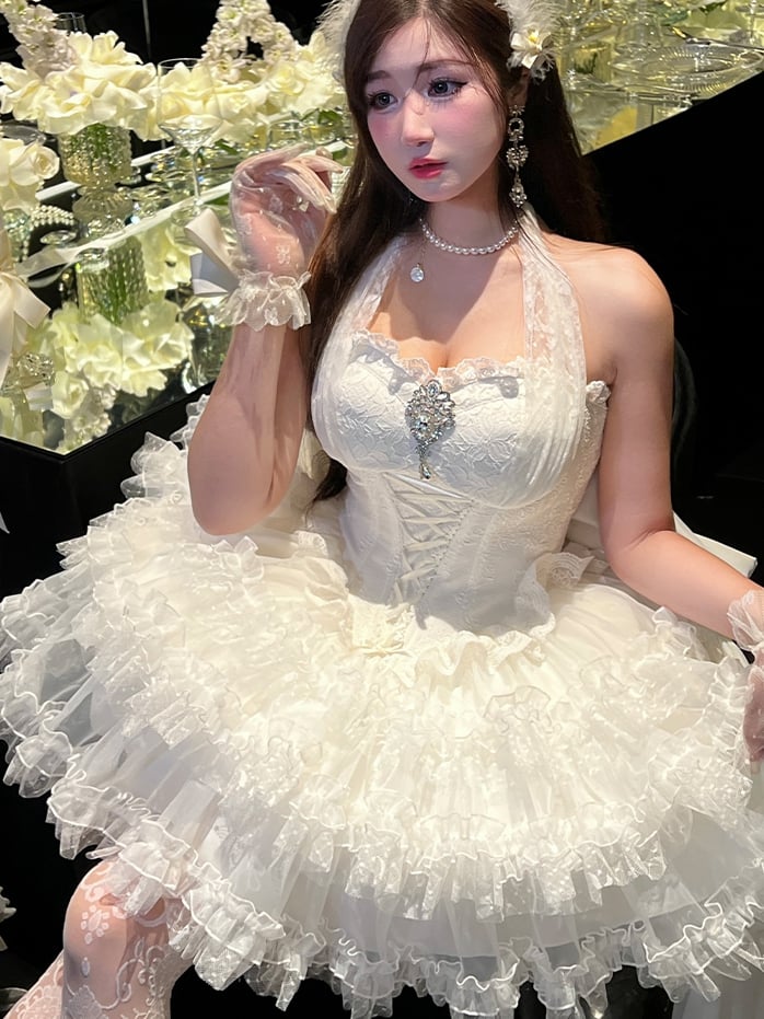White Basque Waist Self-tie Lace Halter Neck Hanayome Lolitacore Dress