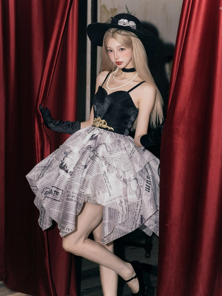 Elegant Skirt Layered Jumper Dress Lolita Print Newspaper Handkerchief