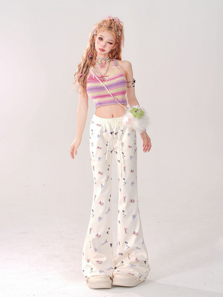 Purple Green Striped Tank Top with Bow Straps and Pin Detail