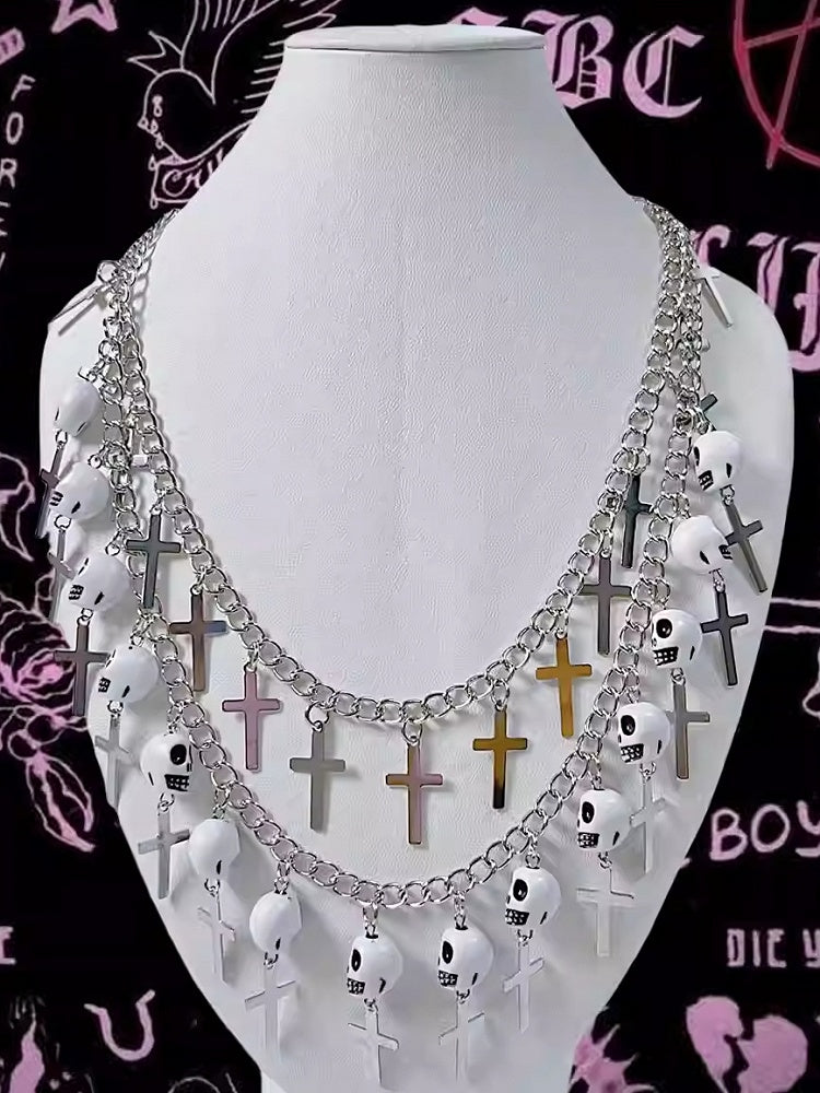 Pendant Necklace Punk Skeleton Cross Silver And