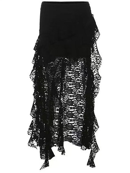 Slit Bittersweet Asymmetrical Glamorous Skirt Thigh-high Black Hem Lace