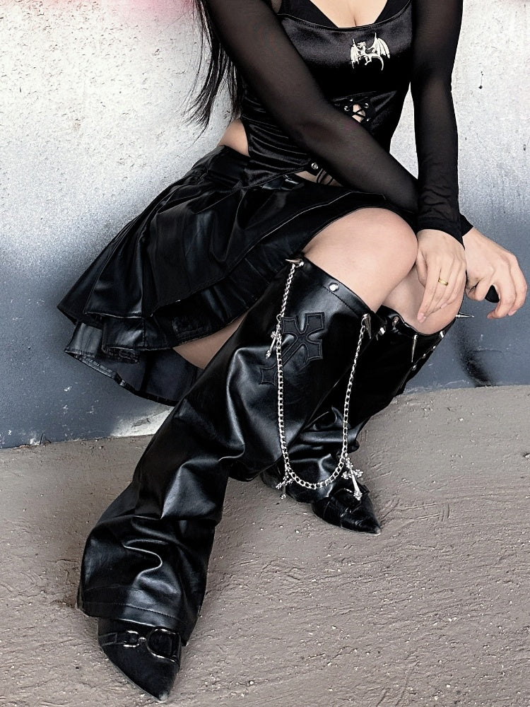 with Gothic Punk Black Cross Applique PU Studded Glamorous Chain Leg Warmers