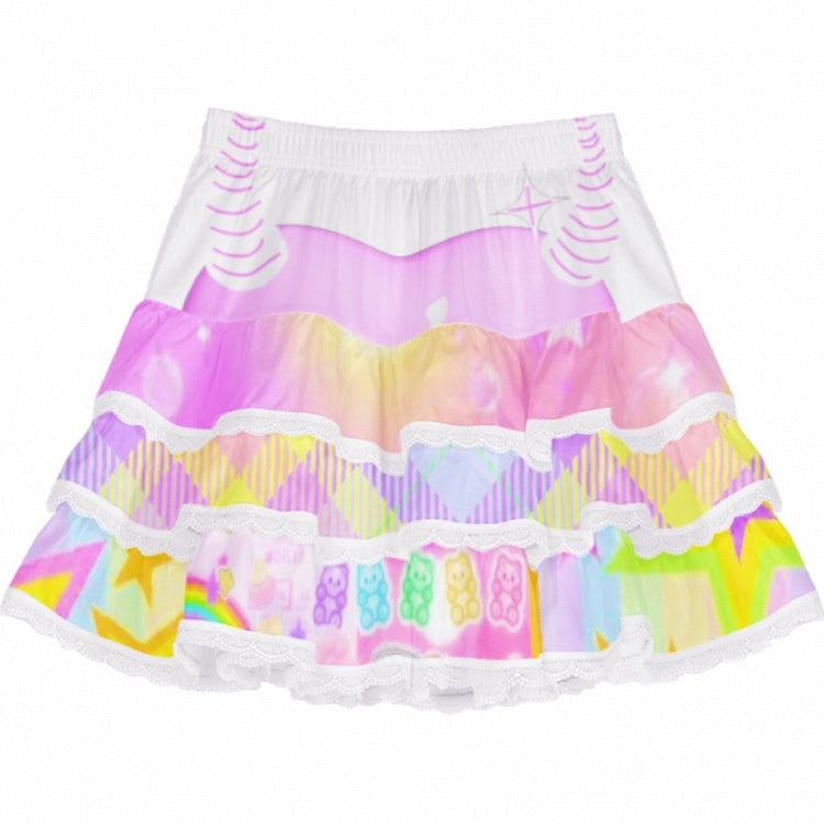 White/Blue/Purple Skirt with Lace Trim Y2K Striped Pattern Tiered A-Line