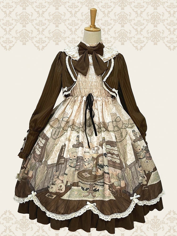 Fake Pieces Design Coffee Creamy Lolita House Print Dress Sleeves Long Teddy Two